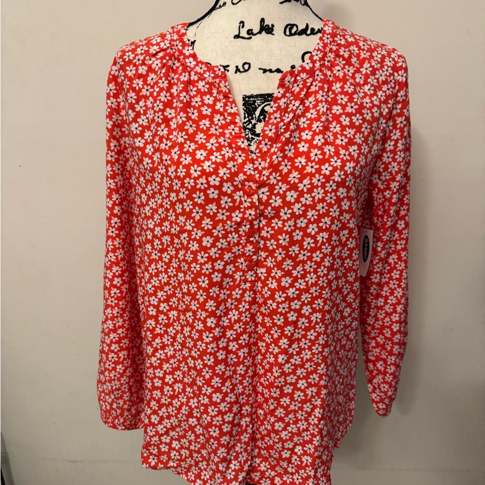 Old Navy Coral Red Floral Notch-Neck Blouse
